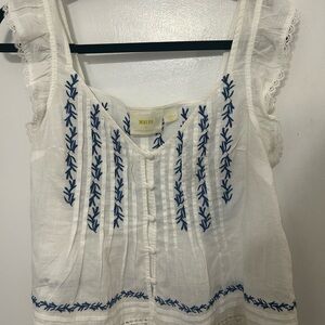 Maeve (from Anthropologie) White and Blue Ruffled Sleeveless Blouse